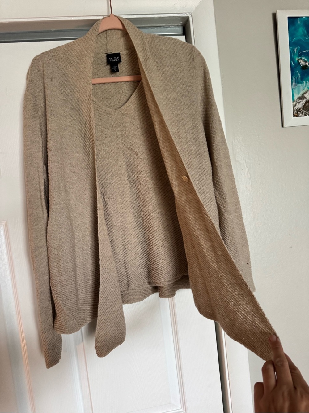 Eileen Fisher 100% Wool Open Front Cardigan & Sleeveless Knit Top Set Beige Size